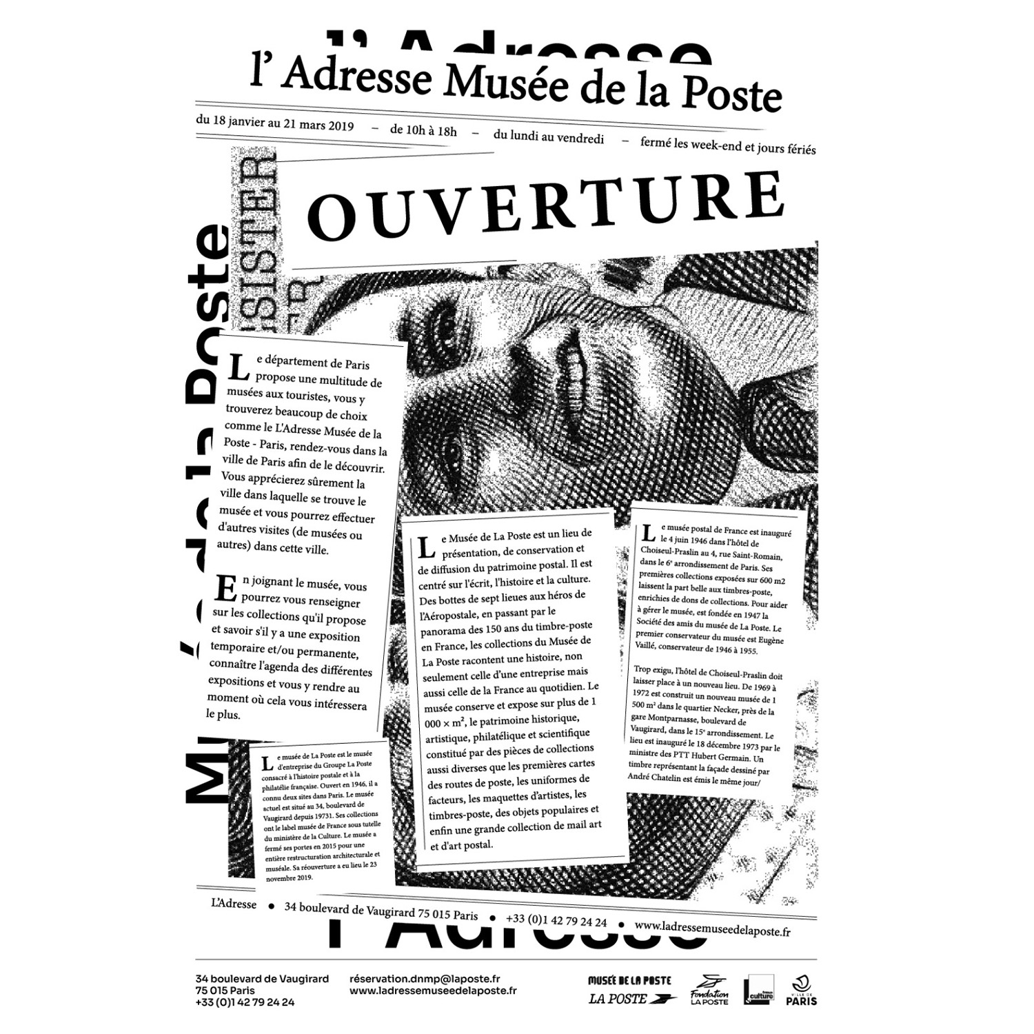 Affiche blanche ladresse ouverture, musée de La Poste, identité visuelle par Florent Andarelli